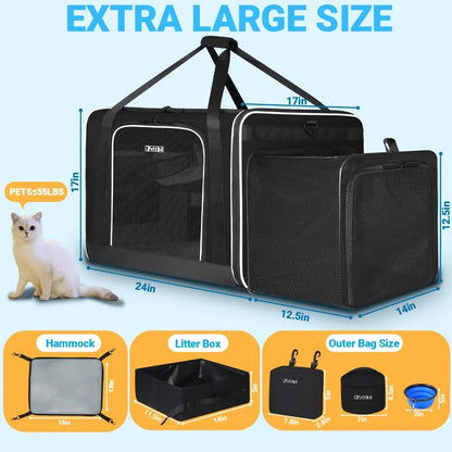 Side Expandable Extra Large Cat Carrier with Litter Box Area
