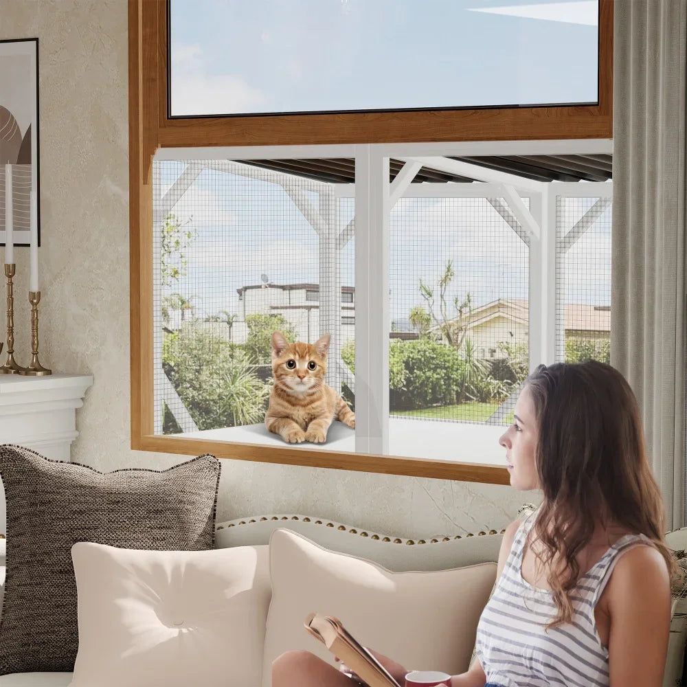 Wooden Catio Window Perch with Hammock - for Sunbathing, Napping & Overlooking