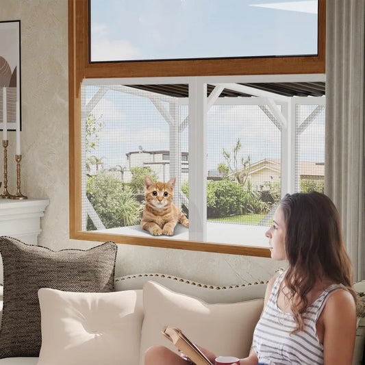 Wooden Catio Window Perch with Hammock - for Sunbathing, Napping & Overlooking