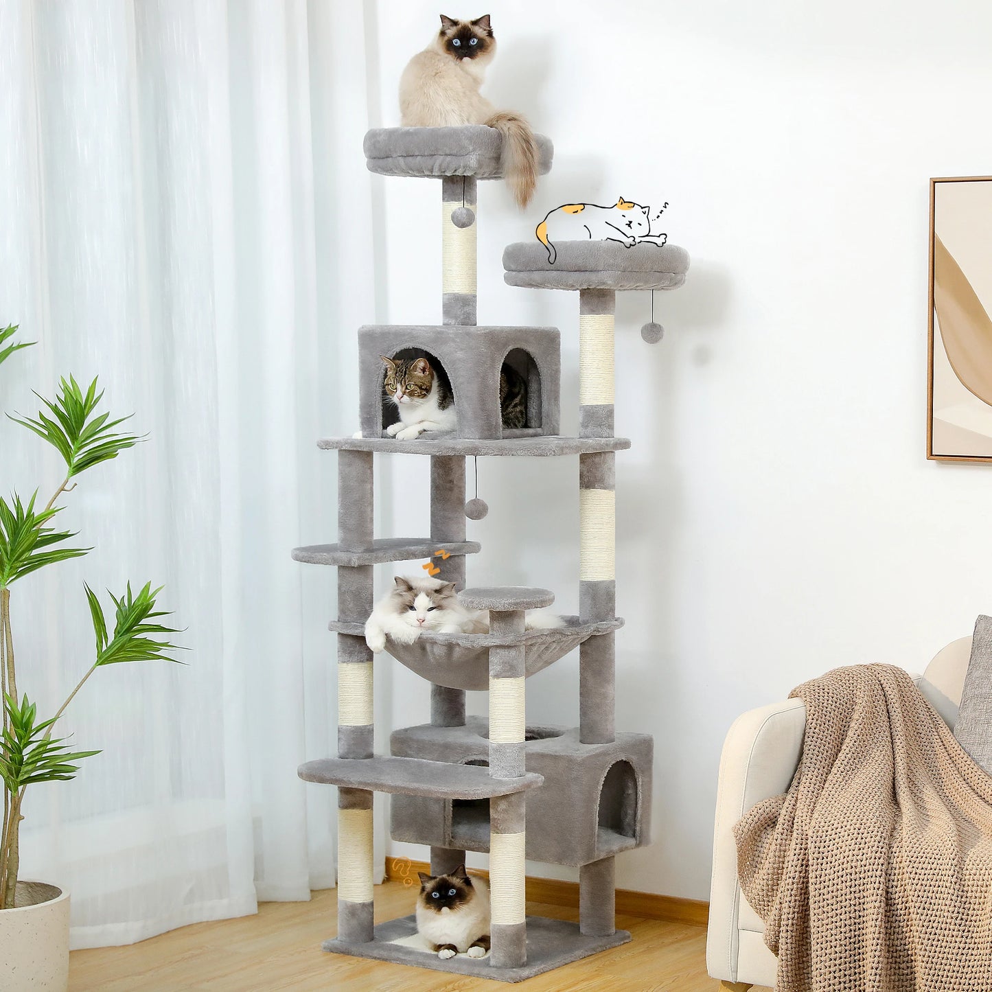 Large Indoor Cat Tree and Tower With Scratching Posts, Spacious Hammock and Padded Perches