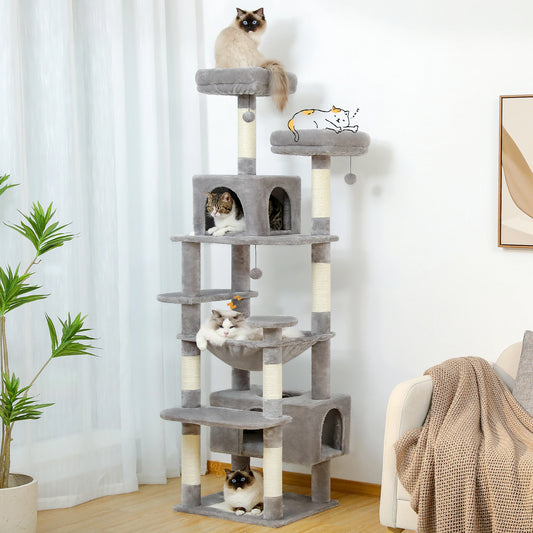 Large Indoor Cat Tree and Tower With Scratching Posts, Spacious Hammock and Padded Perches