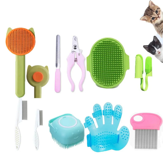 10 piece Cat & Dog Grooming Kit: Self-Cleaning Brush,  Bath Brush, Massage Glove, Nail Clipper, Flea Comb