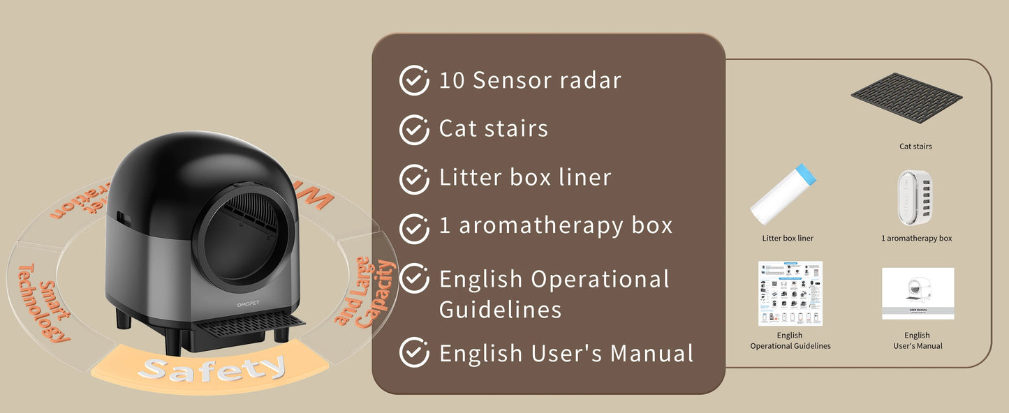Self Cleaning Automatic Cat Litter Box with Stairs, Safety Protection and APP-Control
