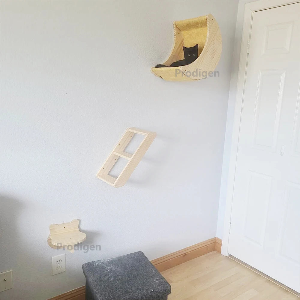 Wooden Cat Wall Furniture | Moon Shaped Perch, Cat-Shaped Perch, and Ladder