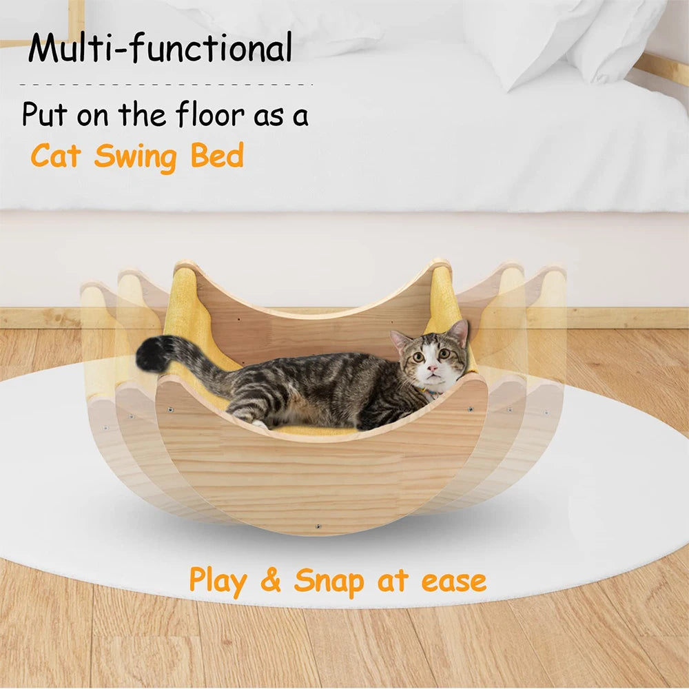 Wooden Cat Wall Furniture | Moon Shaped Perch, Cat-Shaped Perch, and Ladder