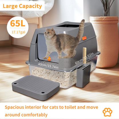 Enclosed Stainless Steel Cat Litter Box with Lid and Semi-open Design