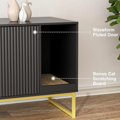 Modern Litter Box Furniture with Scratch Pad, Metal Legs, Enclosed Cabinet Design:  31.5 Inches