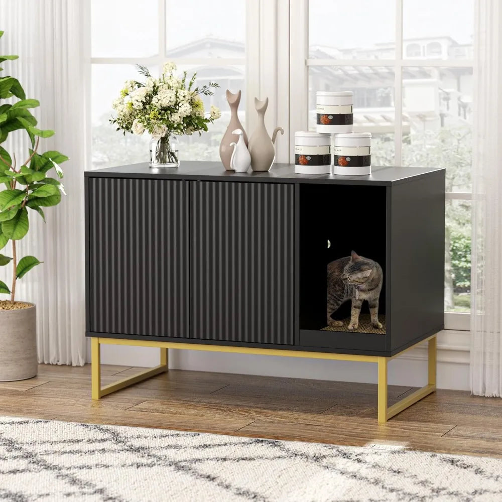 Modern Litter Box Furniture with Scratch Pad, Metal Legs, Enclosed Cabinet Design:  31.5 Inches