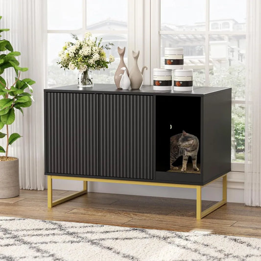 Modern Litter Box Furniture with Scratch Pad, Metal Legs, Enclosed Cabinet Design:  31.5 Inches