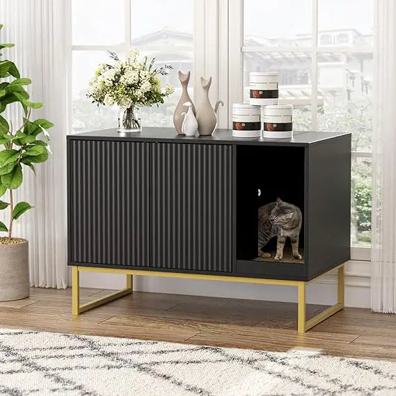 Modern Litter Box Furniture with Scratch Pad, Metal Legs, Enclosed Cabinet Design:  31.5 Inches