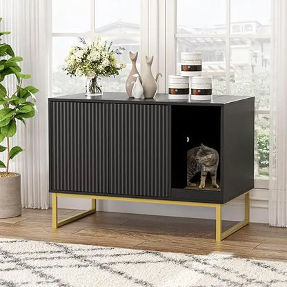 Modern Litter Box Furniture with Scratch Pad, Metal Legs, Enclosed Cabinet Design:  31.5 Inches