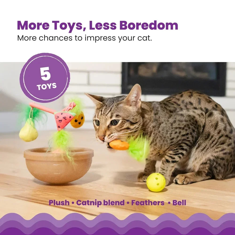 Wobbling Cat Toy Bowl with 5 Plush Interactive Catnip Toys