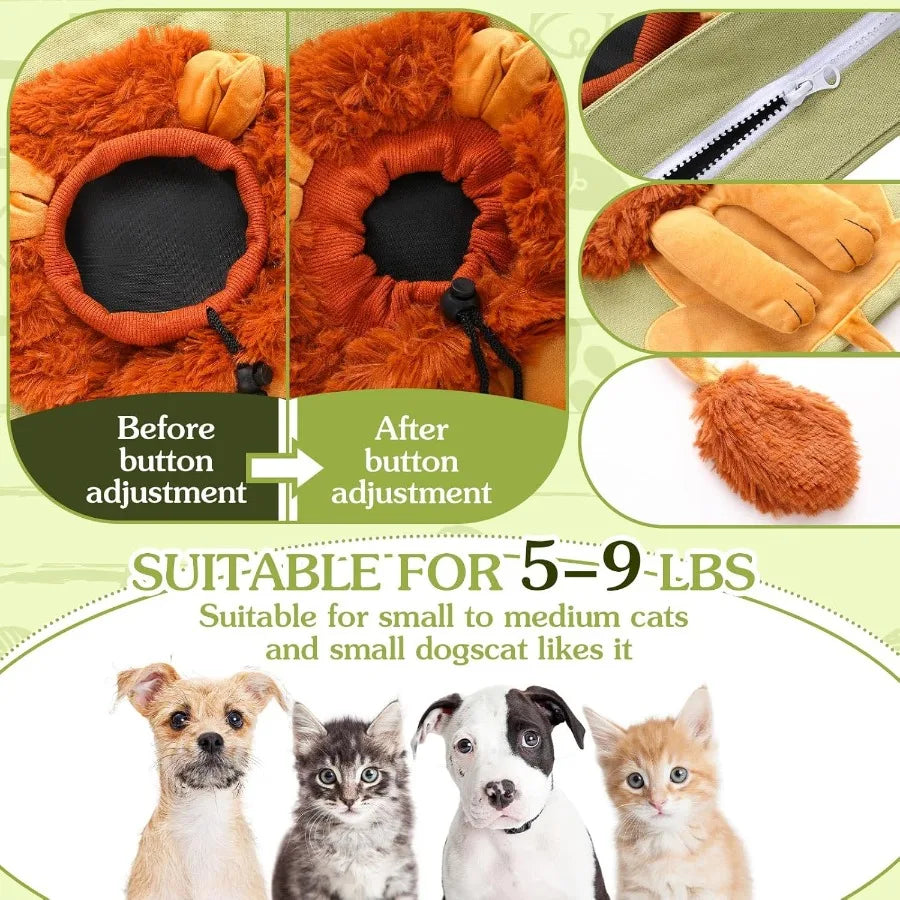 Portable Green Lion-Shaped Canvas Shoulder Tote Bag for Small Animals