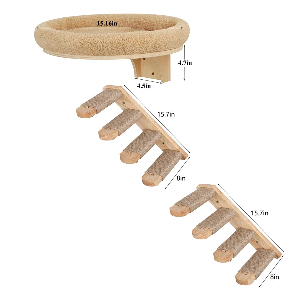 Cat Wall Mounted Solid Wooden Furniture with Climbing Ladder, Perch, Hammock and Scratching Post