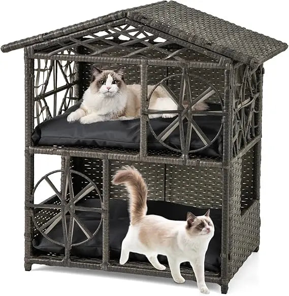Two-Tier Rattan Cat House with Removable Cushions and Wicker Cat Cave Bed