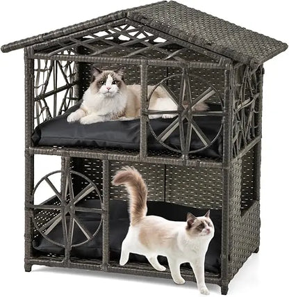 Two-Tier Rattan Cat House with Removable Cushions and Wicker Cat Cave Bed