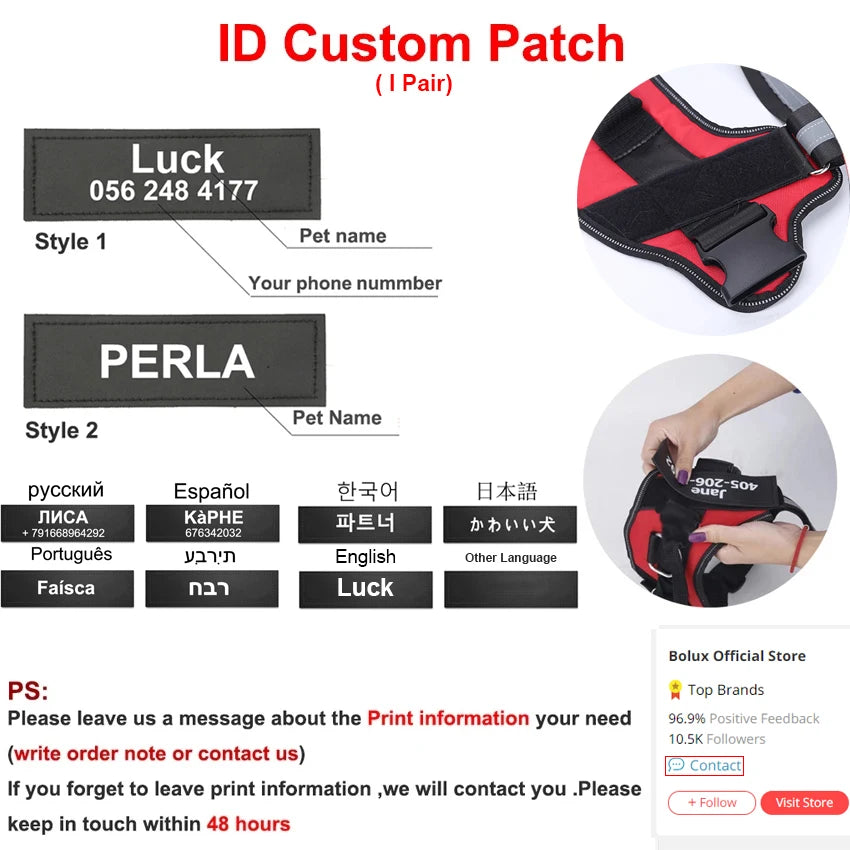 Personalized, NO PULL, Reflective, Breathable Harness Vest For Small and Large Dogs