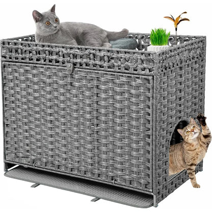 2-in-1 Handwoven Rattan Cat Bed and Hidden Litter Box Furniture