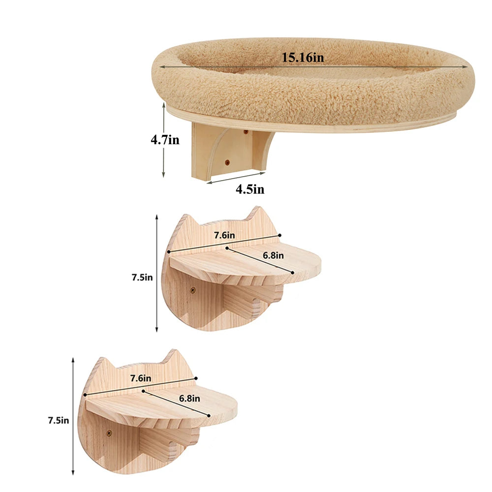 Cat Wall Mounted Solid Wooden Furniture with Climbing Ladder, Perch, Hammock and Scratching Post