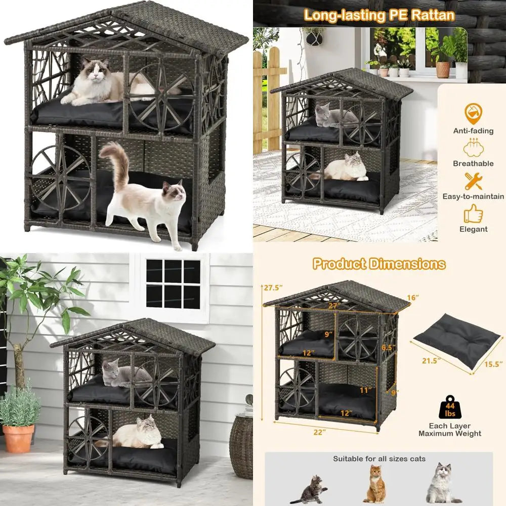 Two-Tier Rattan Cat House with Removable Cushions and Wicker Cat Cave Bed