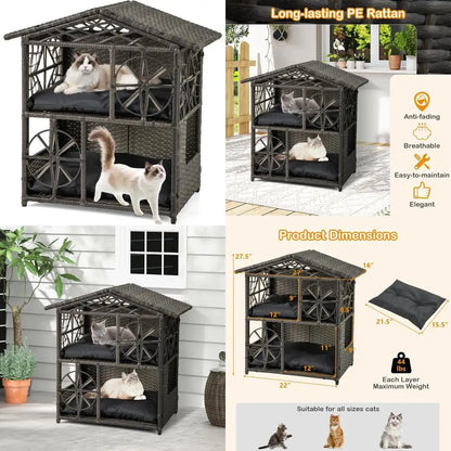 Two-Tier Rattan Cat House with Removable Cushions and Wicker Cat Cave Bed