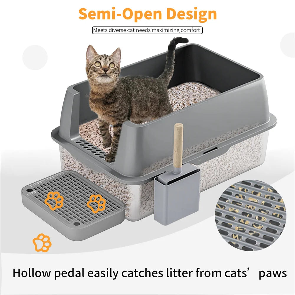 Enclosed Stainless Steel Cat Litter Box with Lid Large Litter Pan and High Wall
