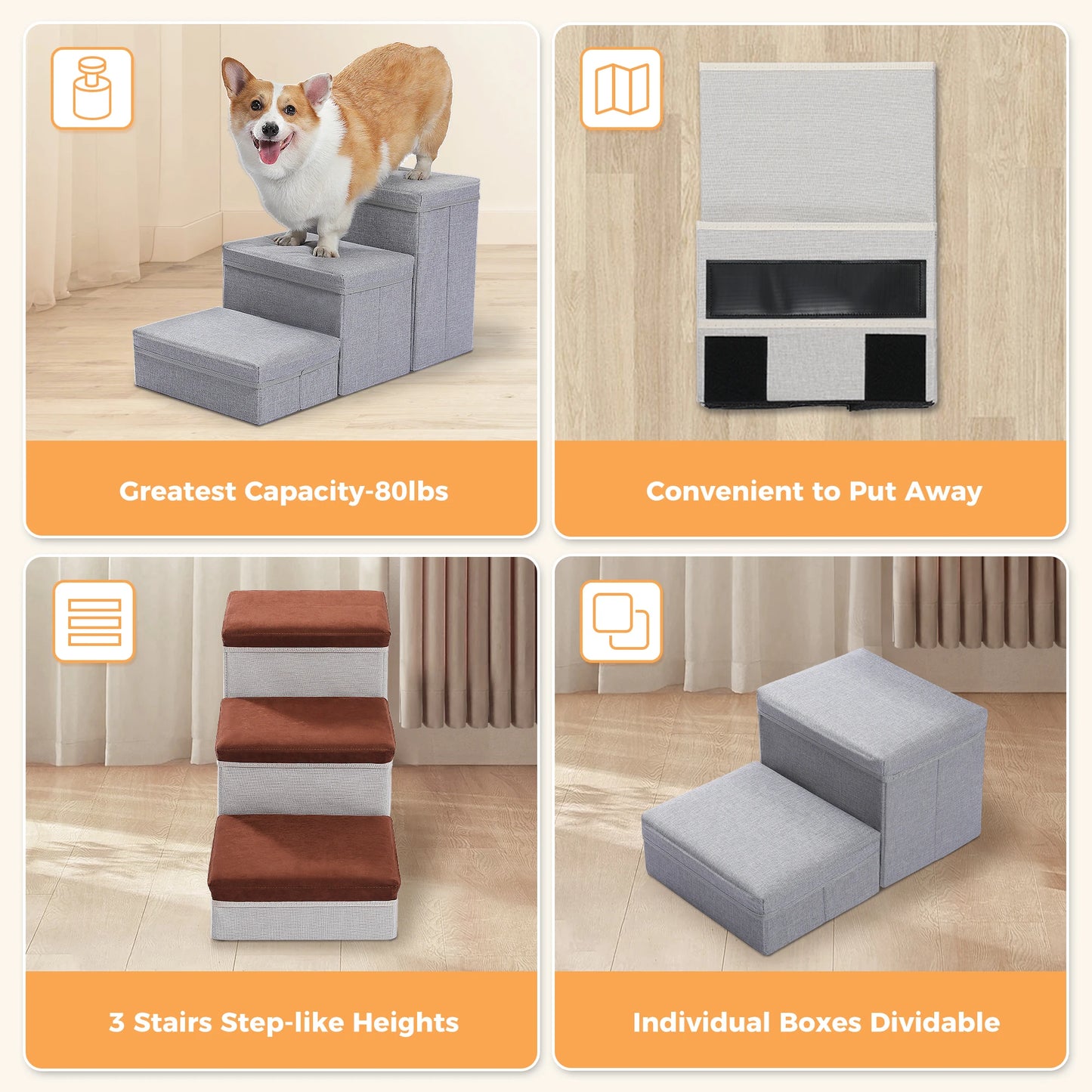 3-Tier Foldable, Non-Sip Pet Stairs with Adjustable Height and Storage Box