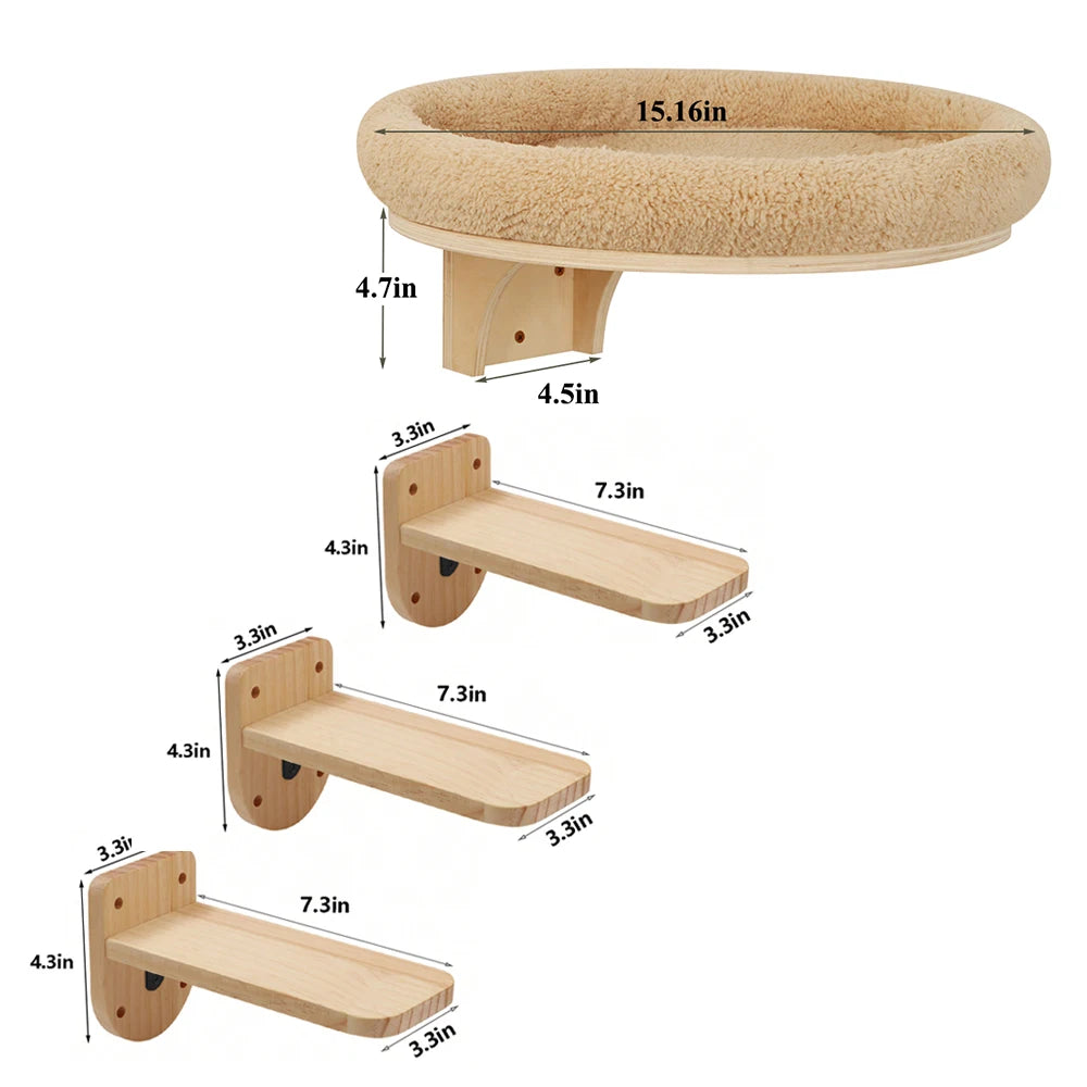 Cat Wall Mounted Solid Wooden Furniture with Climbing Ladder, Perch, Hammock and Scratching Post