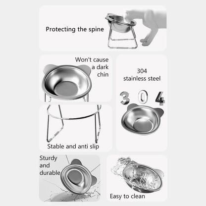 Shatter-Resistant, Stainless Steel Elevated Cat Bowl with Tilted Neck Guard at 15°