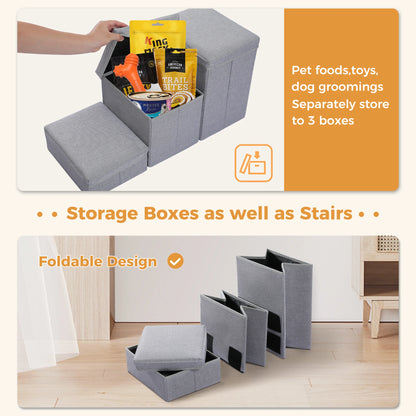 3-Tier Foldable, Non-Sip Pet Stairs with Adjustable Height and Storage Box