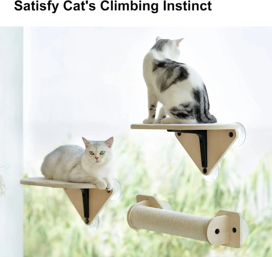 Indoor Window Mounted Cat Perch Hammock with Climbing Steps, Scratching Post, and Wooden  Bed