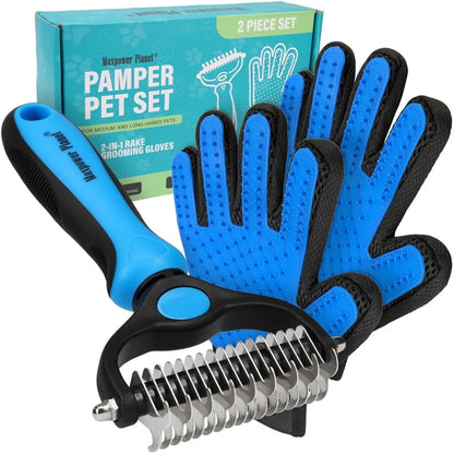Pet Grooming Brush and 2X Grooming Gloves Combo - Double Sided Dematting, Deshedding Undercoat Rake