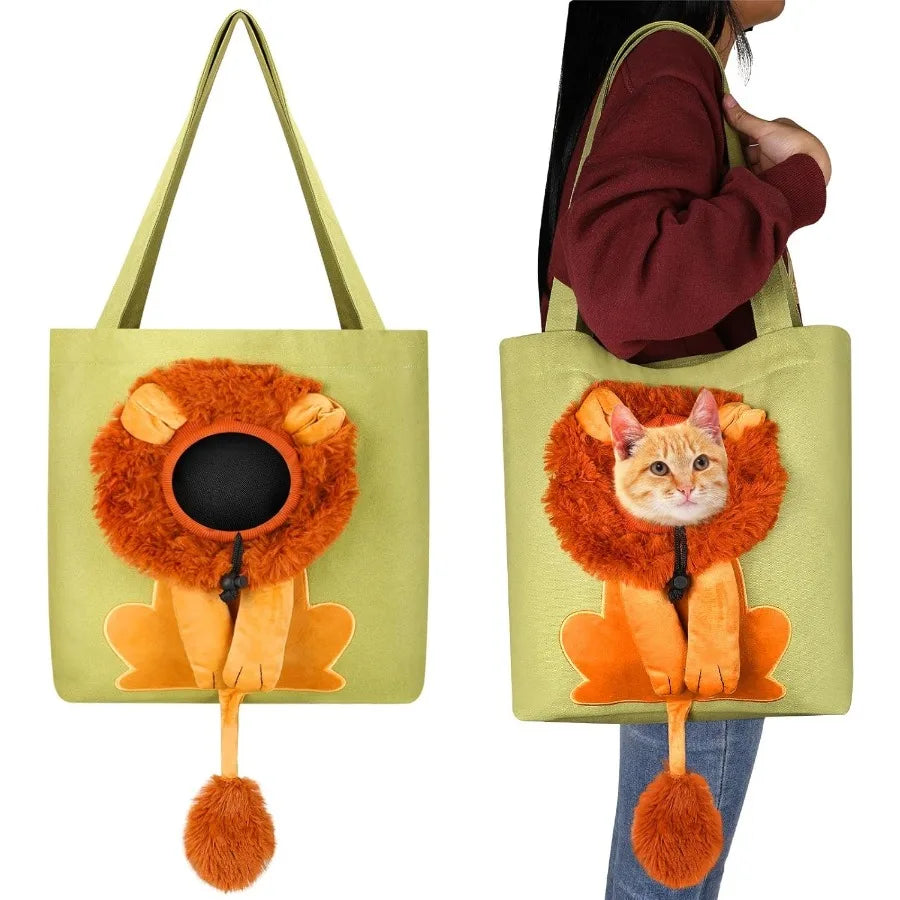 Portable Green Lion-Shaped Canvas Shoulder Tote Bag for Small Animals