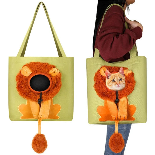 Portable Green Lion-Shaped Canvas Shoulder Tote Bag for Small Animals