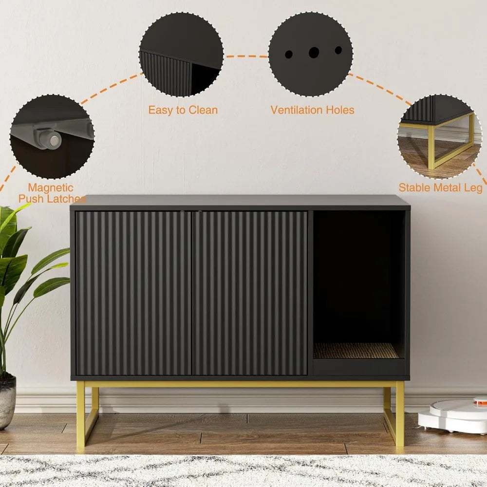 Modern Litter Box Furniture with Scratch Pad, Metal Legs, Enclosed Cabinet Design:  31.5 Inches