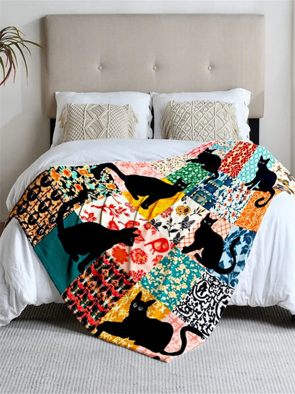 1-piece multi-use soft, black cat colorful pattern flannel blanket