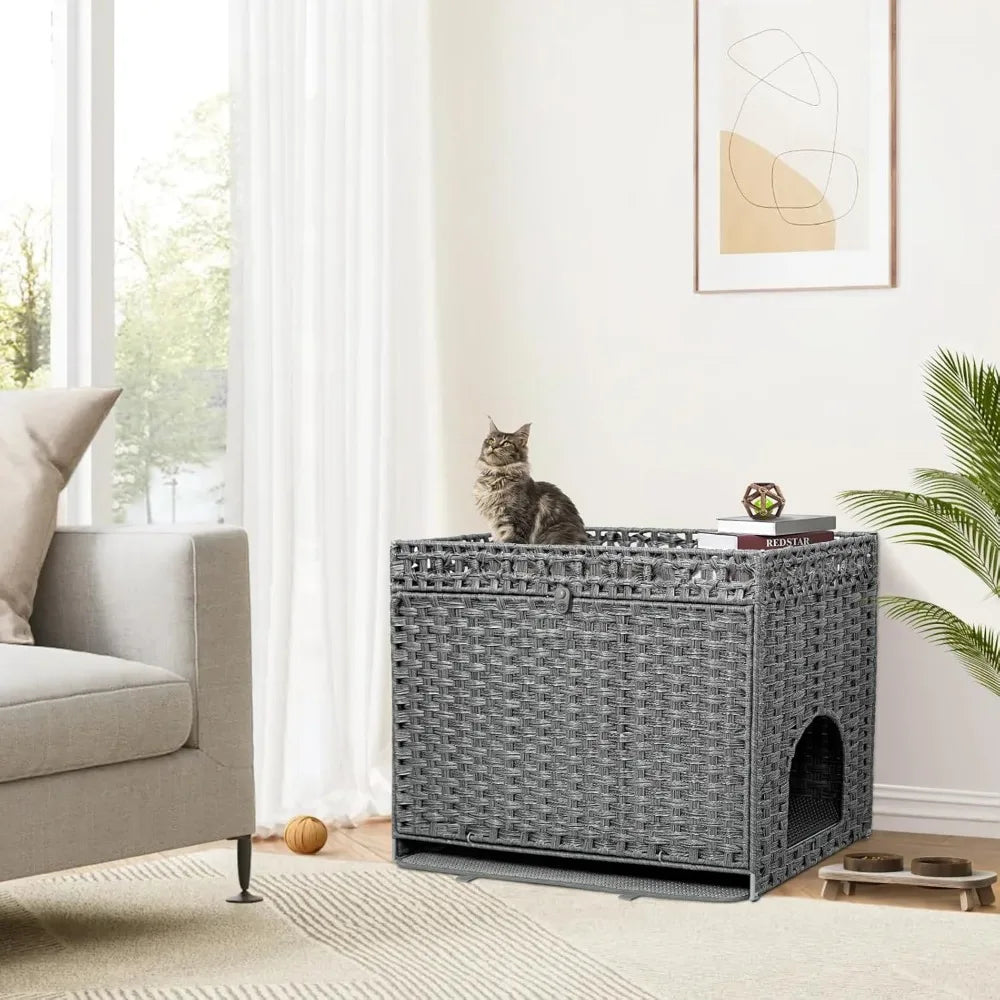 2-in-1 Handwoven Rattan Cat Bed and Hidden Litter Box Furniture