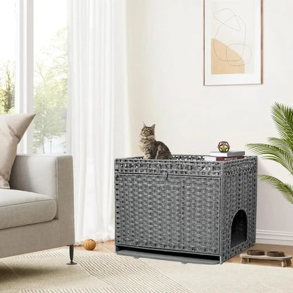 2-in-1 Handwoven Rattan Cat Bed and Hidden Litter Box Furniture