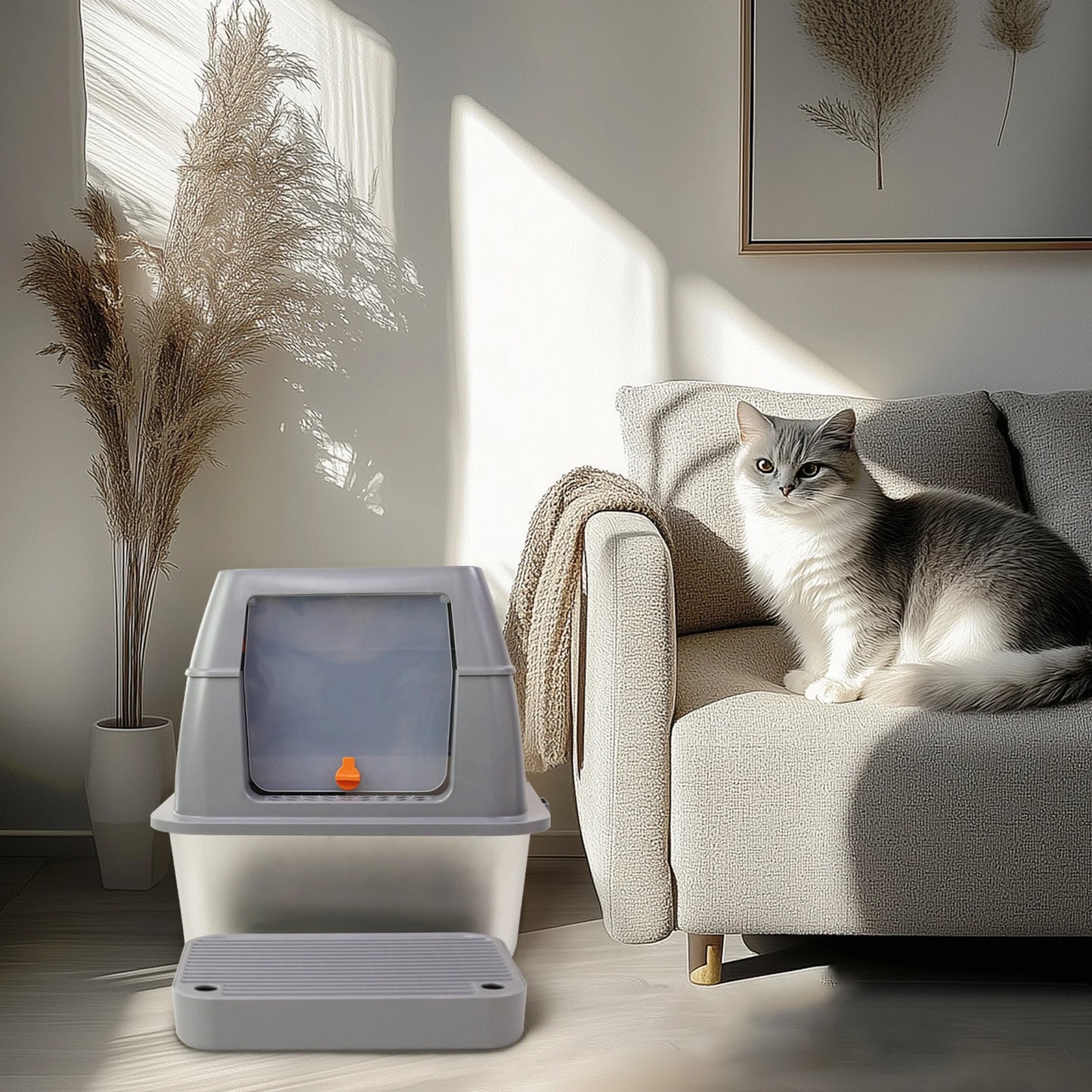 Enclosed Stainless Steel Cat Litter Box with Lid and Semi-open Design