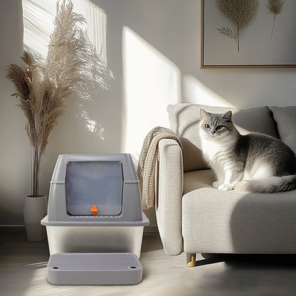 Enclosed Stainless Steel Cat Litter Box with Lid and Semi-open Design