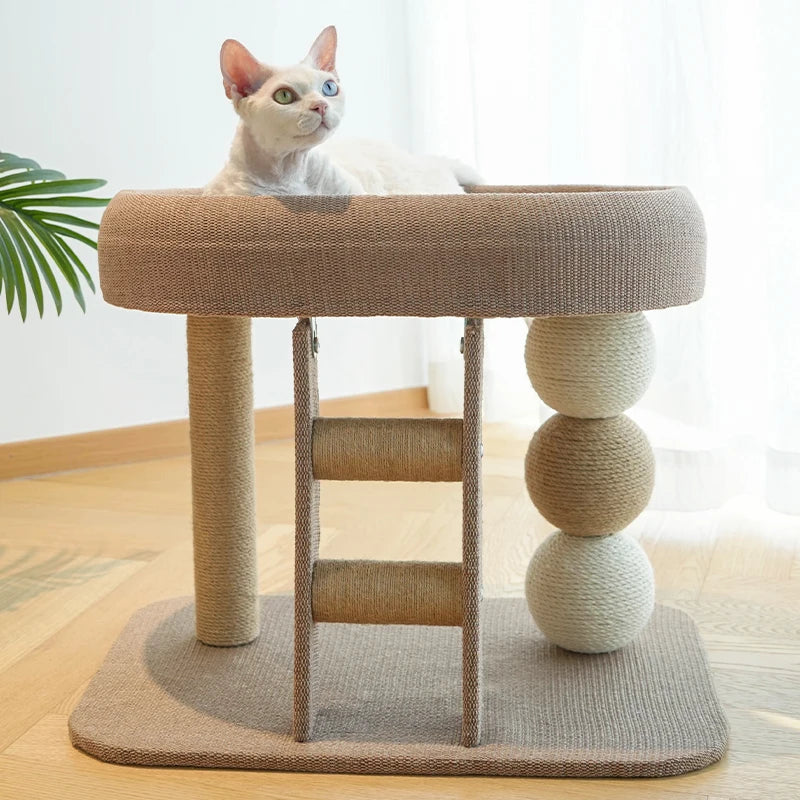 Indoor Cat Climbing Frame Tower Bed with Ice Mat and Hanging Sisal Ball