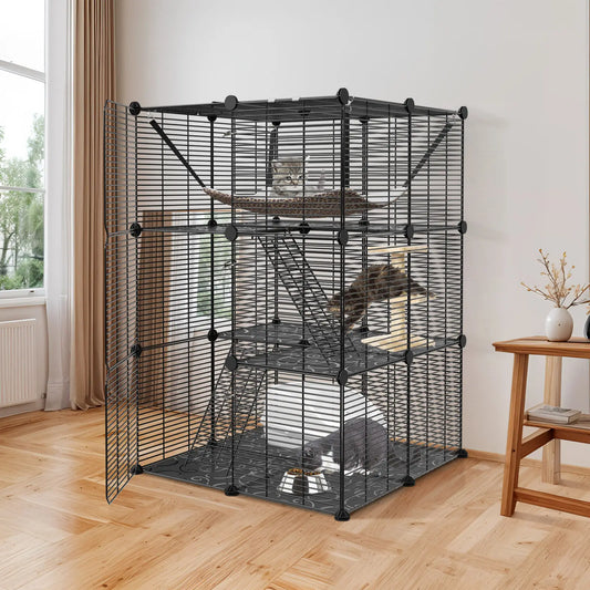 3-Tiers Cat Cage Enclosure Metal Wire Cat Kennel Playpen w/ Hammock for 1-2 Cats