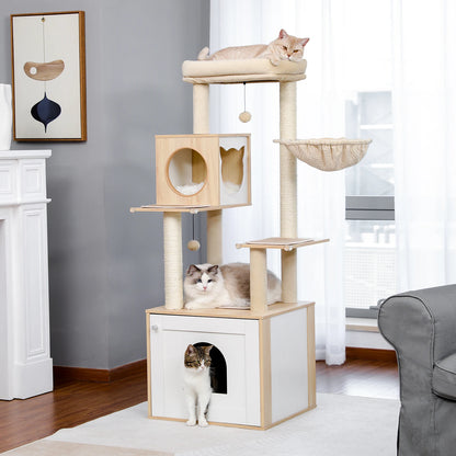 Cat Tree with Litter Box Enclosure and Covered Scratching Post
