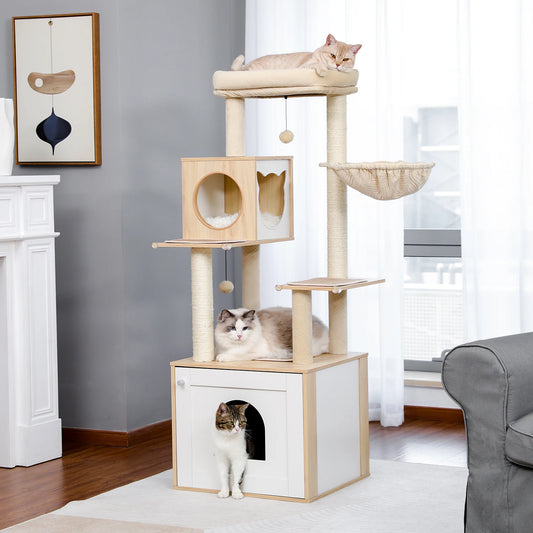 Cat Tree with Litter Box Enclosure and Covered Scratching Post