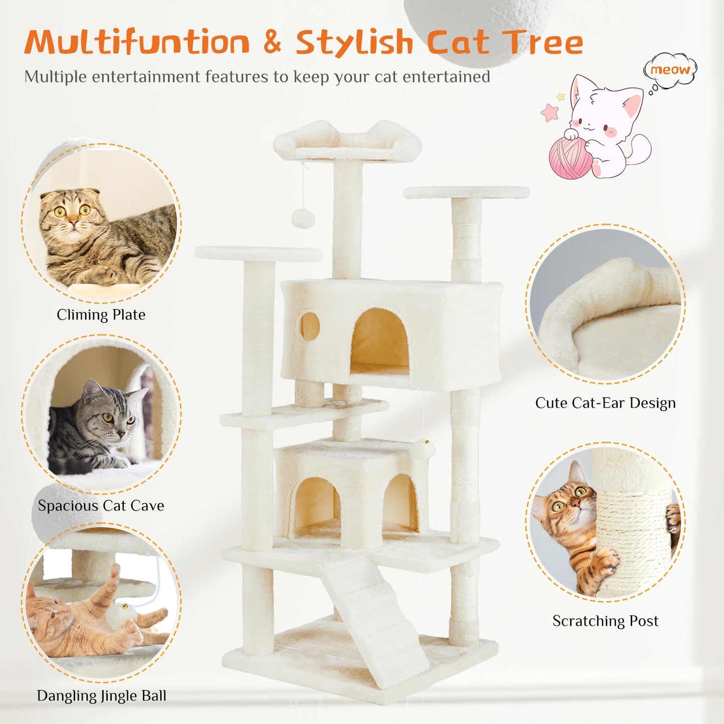 Indoor 54-inch Multi-Level Cat Tree/Tower with Scratching Post