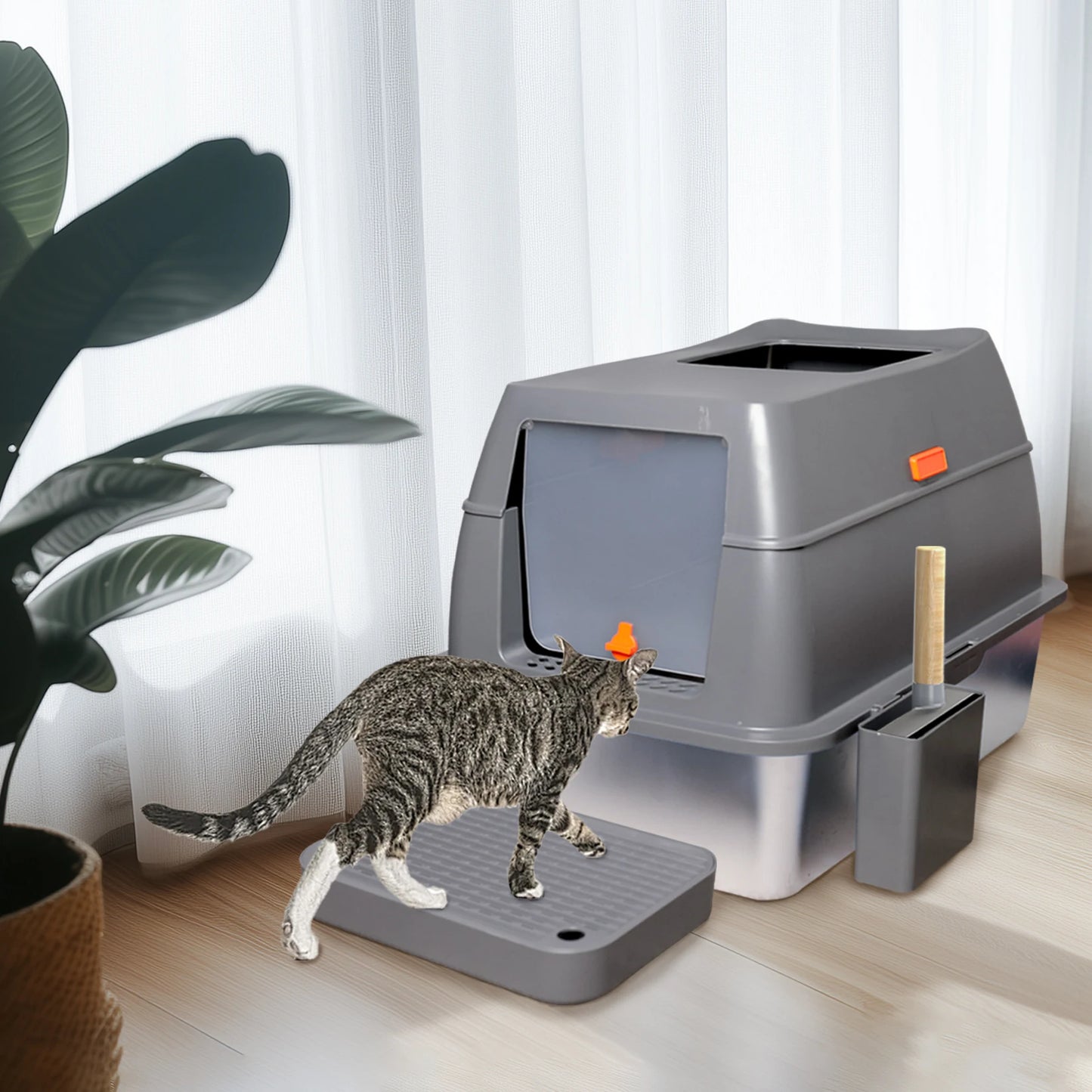 Enclosed Stainless Steel Cat Litter Box with Lid and Semi-open Design