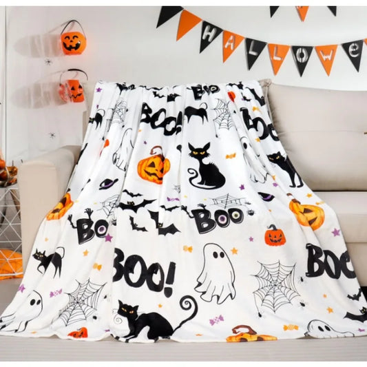 Halloween Plush Cat Blanket with Pumpkins, Ghosts and Spiders