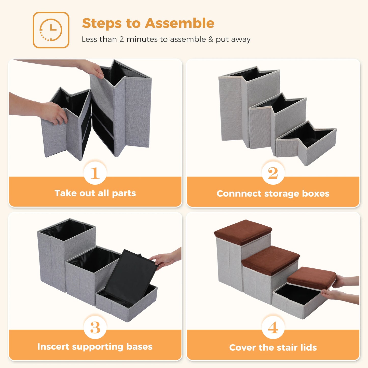 3-Tier Foldable, Non-Sip Pet Stairs with Adjustable Height and Storage Box