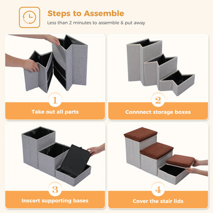3-Tier Foldable, Non-Sip Pet Stairs with Adjustable Height and Storage Box