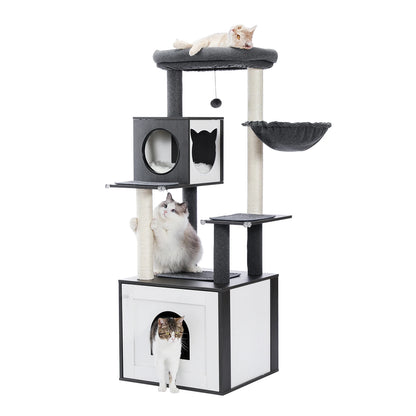 Cat Tree with Litter Box Enclosure and Covered Scratching Post